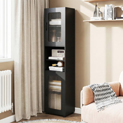 Tall Black Bathroom Storage Cabinet with Fluted Doors