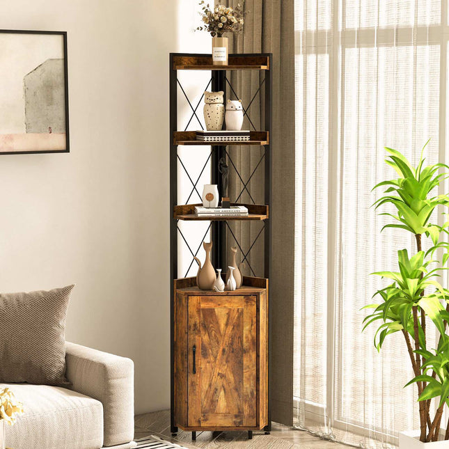 Tall Corner Storage Cabinet, 3-Tier Shelf, Door, MDF