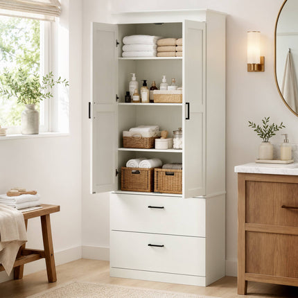 Tall Cream White Kitchen Pantry Cabinet with Adjustable Shelves