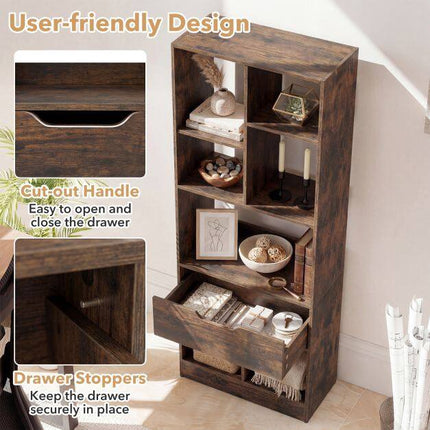 Tall Freestanding Bookshelf with Drawer and 7 Open Cubes