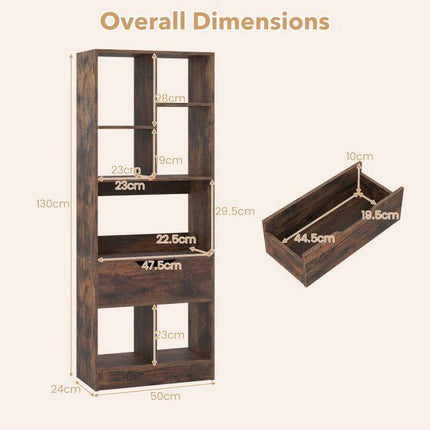 Tall Freestanding Bookshelf with Drawer and 7 Open Cubes