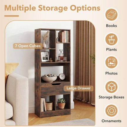 Tall Freestanding Bookshelf with Drawer and 7 Open Cubes