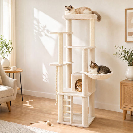 Tall Modern Cat Tree with Condo, Perch & Sisal Posts - Beige