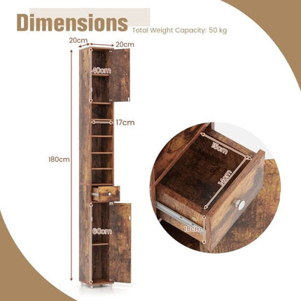 Tall Narrow Bathroom Cabinet, 2 Doors, Drawer, 20x20x180 cm
