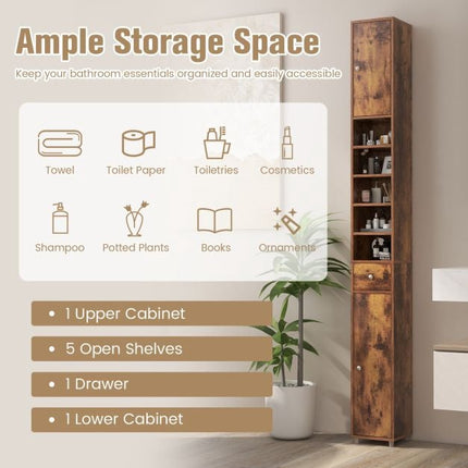 Tall Narrow Bathroom Cabinet, 2 Doors, Drawer, 20x20x180 cm