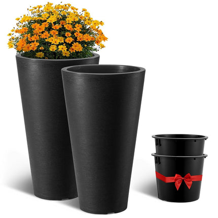Tall Planters Set of 2, 24 Inch Black, Drainage