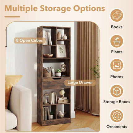 Tall Rustic Brown Bookshelf with 8 Open Cubes and Drawer