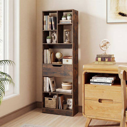 Tall Rustic Brown Bookshelf with 8 Open Cubes and Drawer