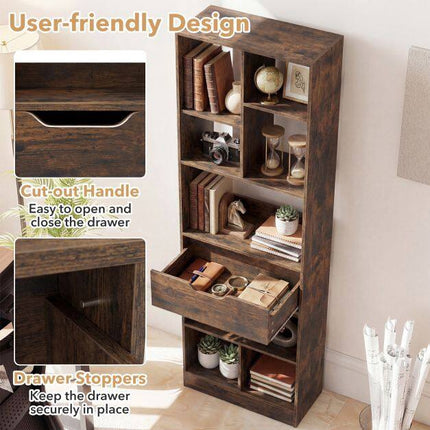 Tall Rustic Brown Bookshelf with 8 Open Cubes and Drawer