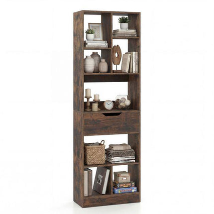 Tall Rustic Brown Bookshelf with 8 Open Cubes and Drawer