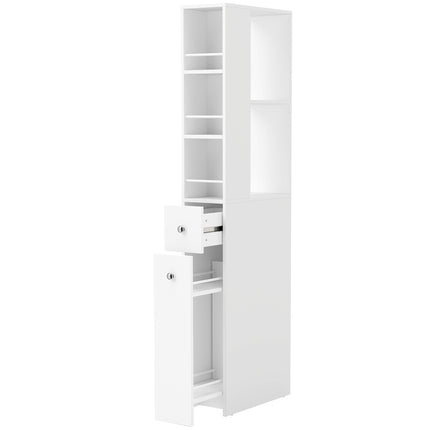 Tall Slim Bathroom Cabinet with 2 Drawers, White, 135 cm
