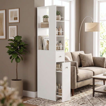 Tall Slim Bathroom Cabinet with 2 Drawers, White, 135 cm