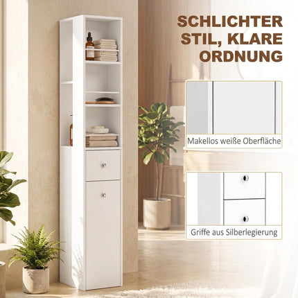 Tall Slim Bathroom Cabinet with 2 Drawers, White, 135 cm