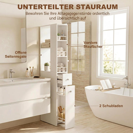 Tall Slim Bathroom Cabinet with 2 Drawers, White, 135 cm