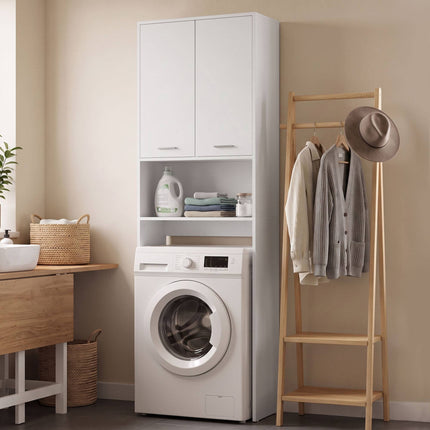 Tall White Bathroom Cabinet with Doors and Open Shelf