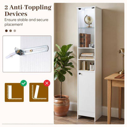 Tall White Bathroom Cabinet with LED Lights & Glass Door