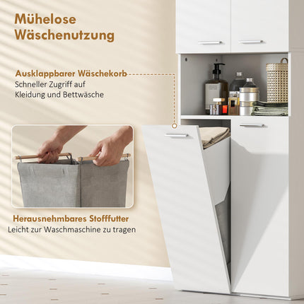 Tall White Bathroom Cabinet with Laundry Basket, 174 cm