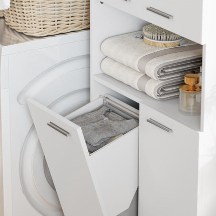 Tall White Bathroom Cabinet with Laundry Basket, 174 cm
