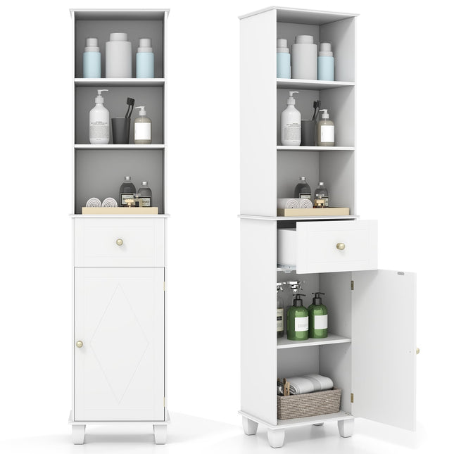 Tall White Bathroom Cabinet with Shelves and Drawer