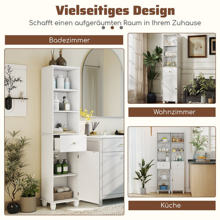 Tall White Bathroom Cabinet with Shelves and Drawer