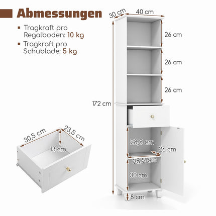 Tall White Bathroom Cabinet with Shelves and Drawer