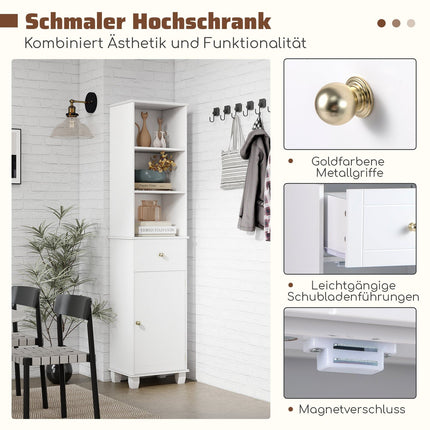 Tall White Bathroom Cabinet with Shelves and Drawer