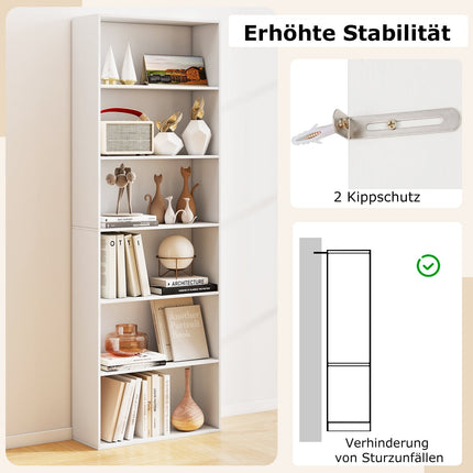 Tall White Bookshelf with 6 Shelves and Anti-Tip Kits