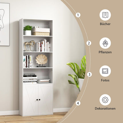 Tall White Bookshelf with Doors, 6 Shelves, 180 cm