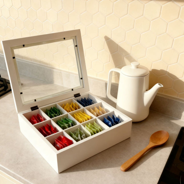 Tea Box with Lid, 12 Compartments, Bamboo Design