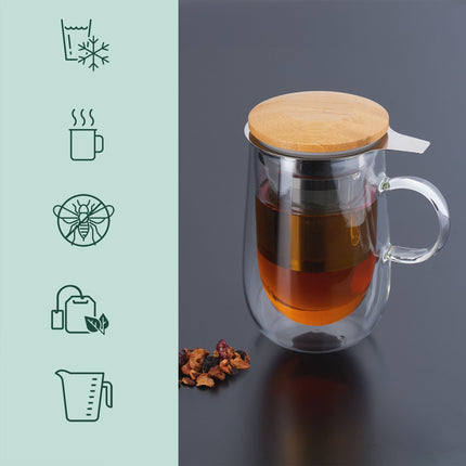 Tea glass with tea strainer and bamboo lid