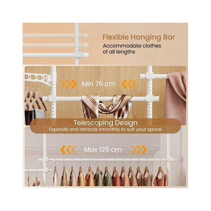 Telescopic Clothes Rack Floor to Ceiling with 4 Rails, White, Adjustable Height