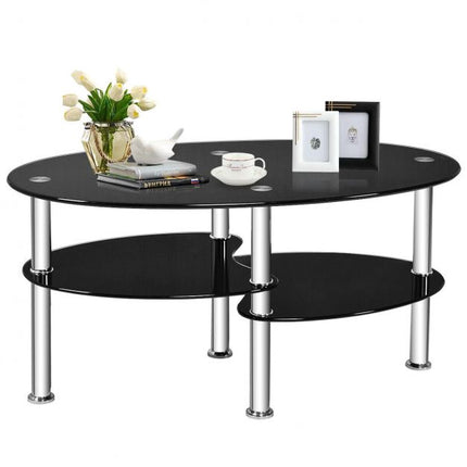 Tempered Glass Coffee Table, 3-Tier Oval, Black
