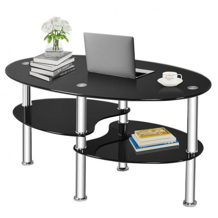 Tempered Glass Coffee Table, 3-Tier Oval, Black