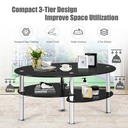 Tempered Glass Coffee Table, 3-Tier Oval, Black