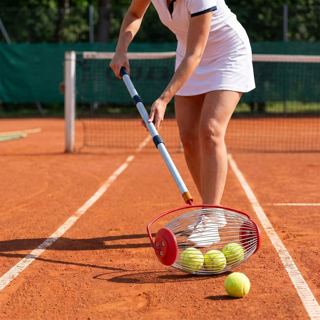 Tennisbalopraper met rolmechanisme, metalen, buigbestendige opraper.