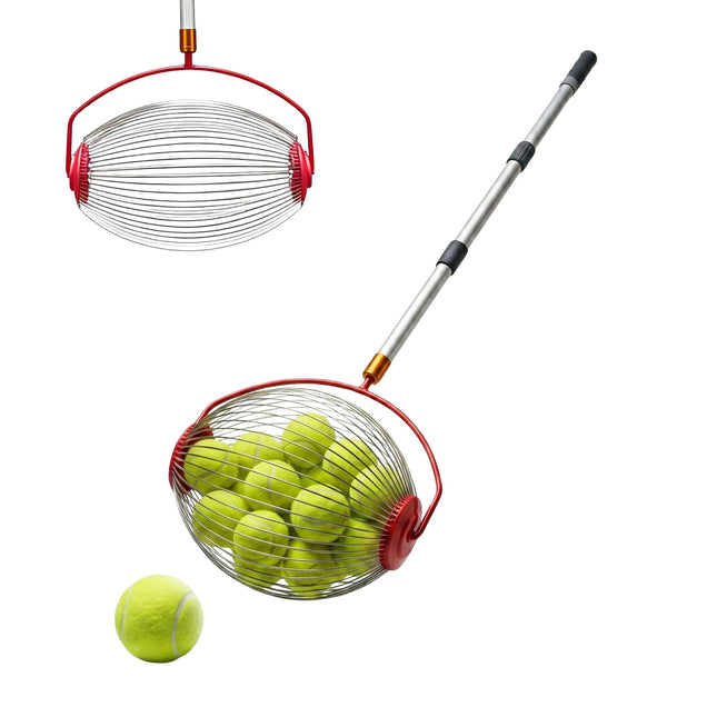 Tennisbalopraper met rolmechanisme, metalen, buigbestendige opraper.