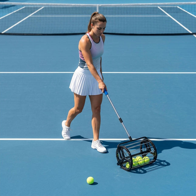 Tennisbalopraper met rolmechanisme en metalen telescopische handgreep