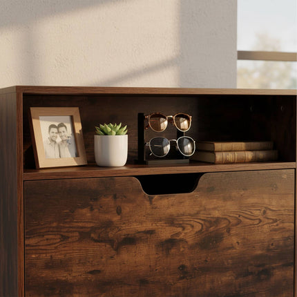 Tilt-Out Shoe Cabinet with Open Shelf, Adjustable Dividers