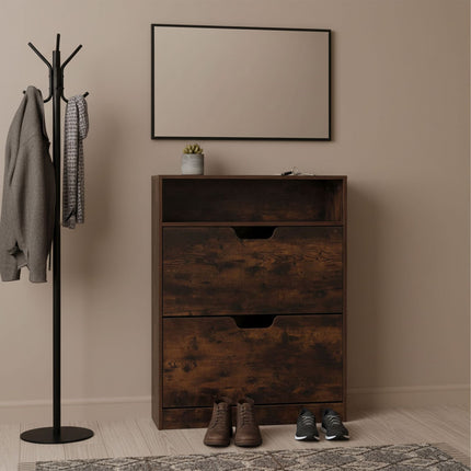 Tilt-Out Shoe Cabinet with Open Shelf, Adjustable Dividers