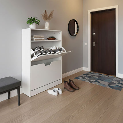 Tilt-Out Shoe Cabinet with Open Shelf Storage