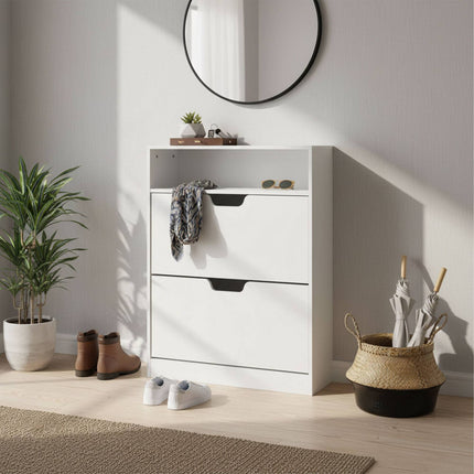 Tilt-Out Shoe Cabinet with Open Shelf Storage