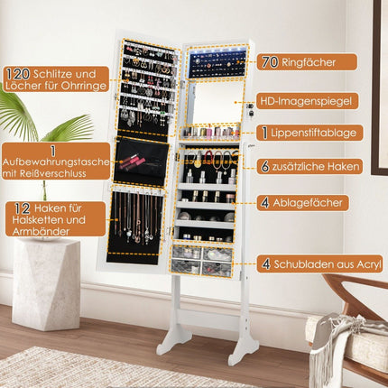 Tilt-adjustable jewelry cabinet with full-length mirror and white LED lights