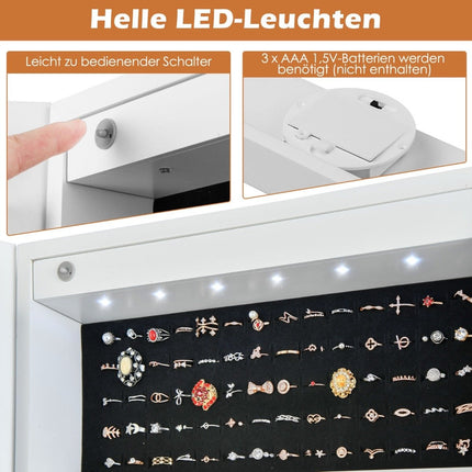 Tilt-adjustable jewelry cabinet with full-length mirror and white LED lights