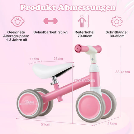 Toddler Balance Bike, 4 Wheels, Adjustable Handle & Seat