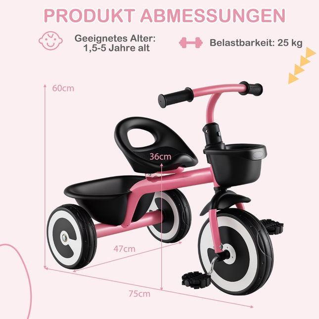 Toddler Balance Bike with Adjustable Seat, Dual Baskets, Pink