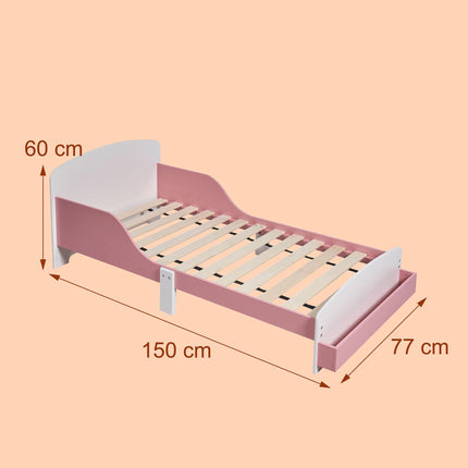 Toddler Floor Bed with Rail, White/Pink, Shelf Storage