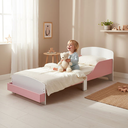 Toddler Floor Bed with Rail, White/Pink, Shelf Storage