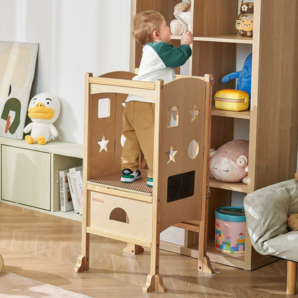 Toddler Learning Tower Stool, Foldable Solid Wood, 3-Height