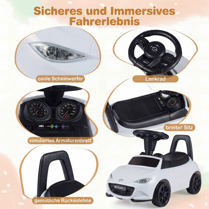 Toddler Ride-On Car with Light, Anti-Tip, Storage, White