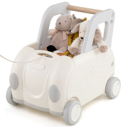 Toddler Ride-On Train Cart with Pull Rope, Storage, White